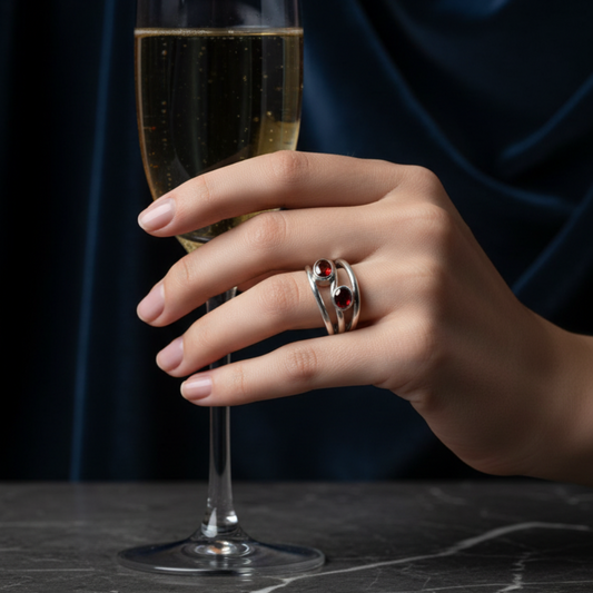 Hand holding a glass of champagne with a dark background