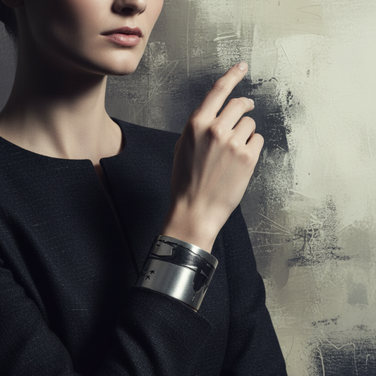 Person wearing a dark outfit with a textured wall background