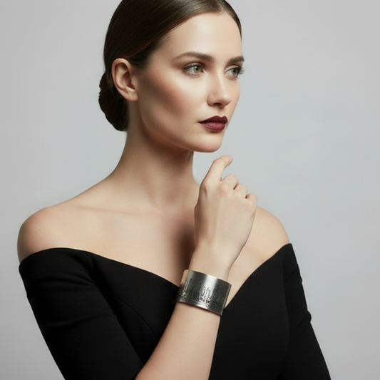 Woman wearing a black off-shoulder top and silver bracelet on a gray background