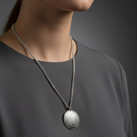 Silver necklace with a pendant worn by a person against a dark background