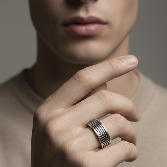 Close-up of a hand wearing a ring with a neutral background