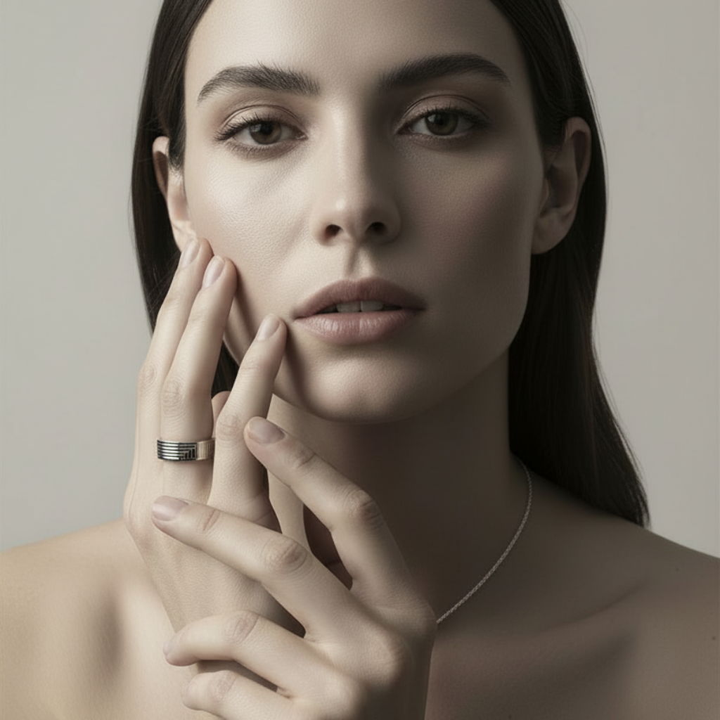 Woman with a ring on her finger touching her face against a neutral background
