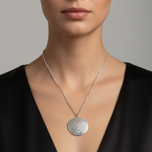 Silver necklace with a pendant worn by a person in a black top against a neutral background