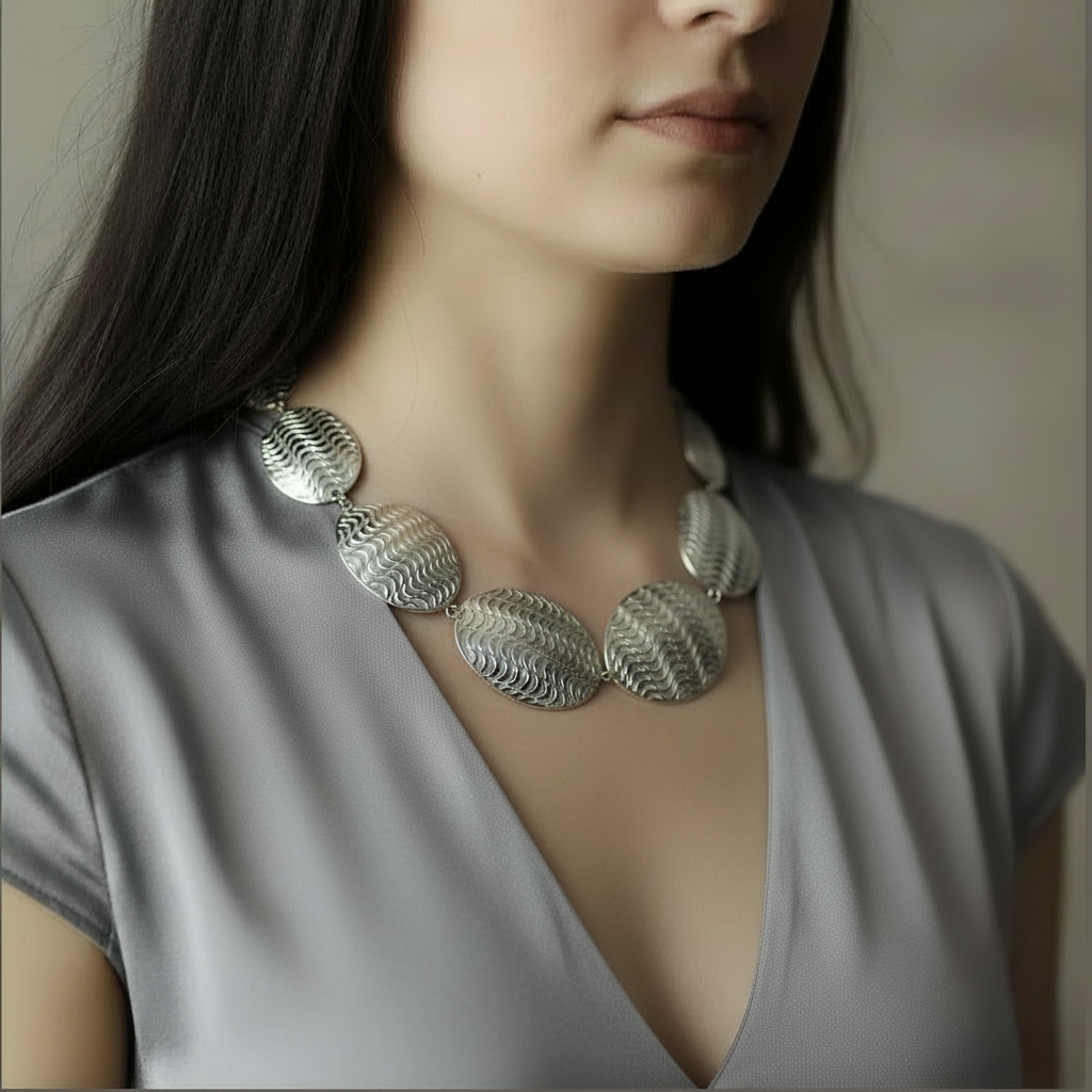 Woman wearing a silver necklace against a neutral background