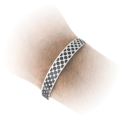 Silver Bangle Bracelet worn on a wrist on a white background