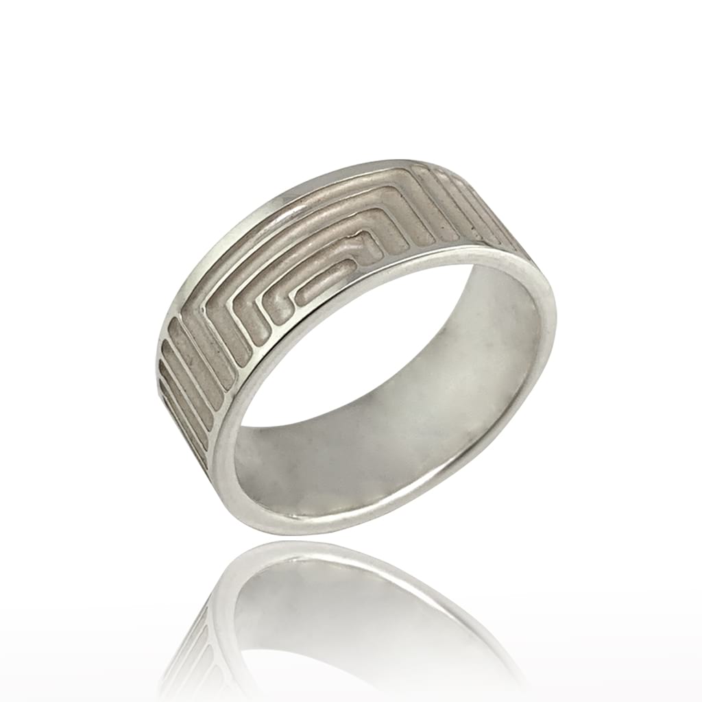 Silver Ring Band with Geometric Lines on a White Background