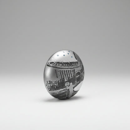 Silver brooch with intricate designs on a white background