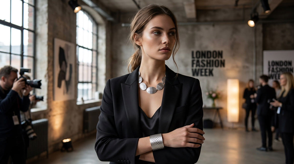 A woman in a black blazer and silver statement jewelry stands in a loft-style room with 'LONDON FASHION WEEK' signage in the background.