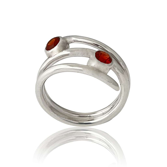 Silver coiled ring with two round garnets
