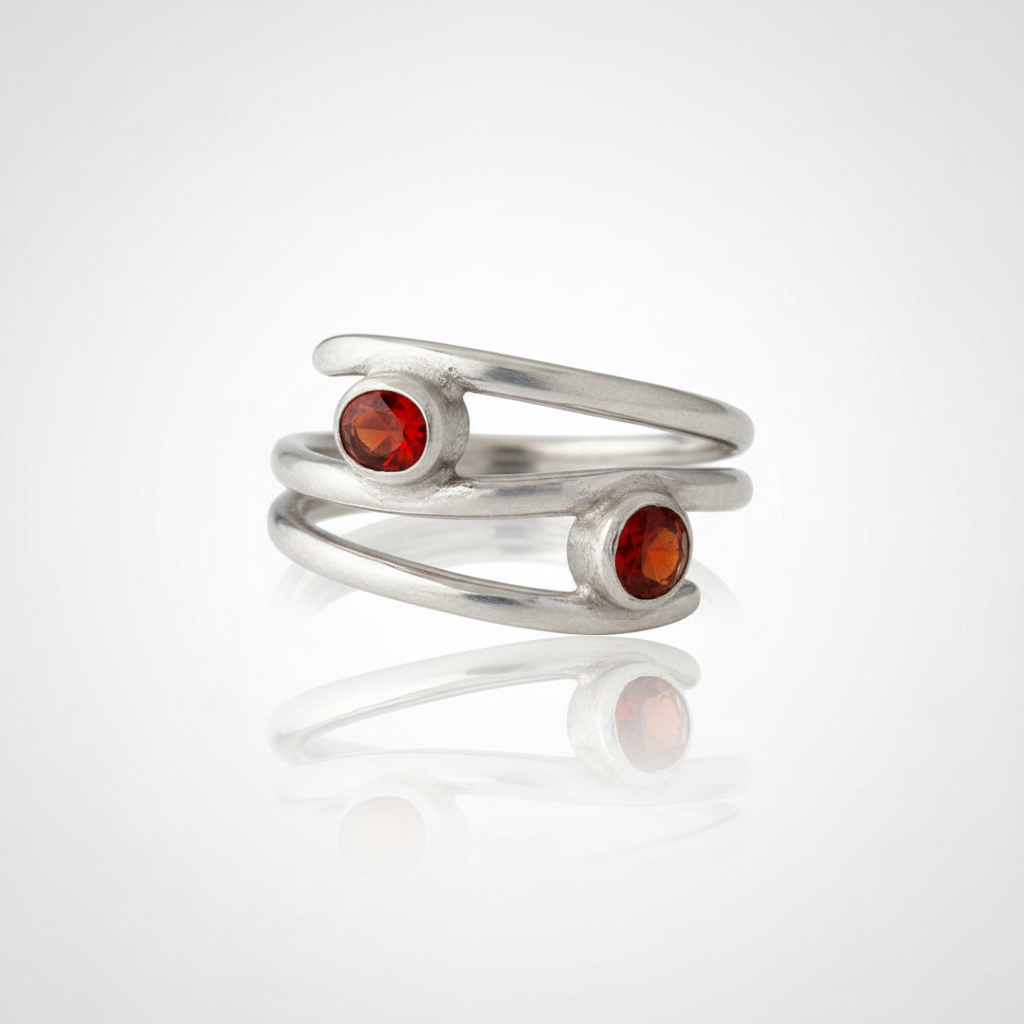 Silver ring with red gemstones on a white background