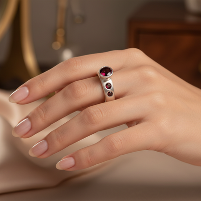 Hand wearing a silver ring with red gemstones on a neutral background
