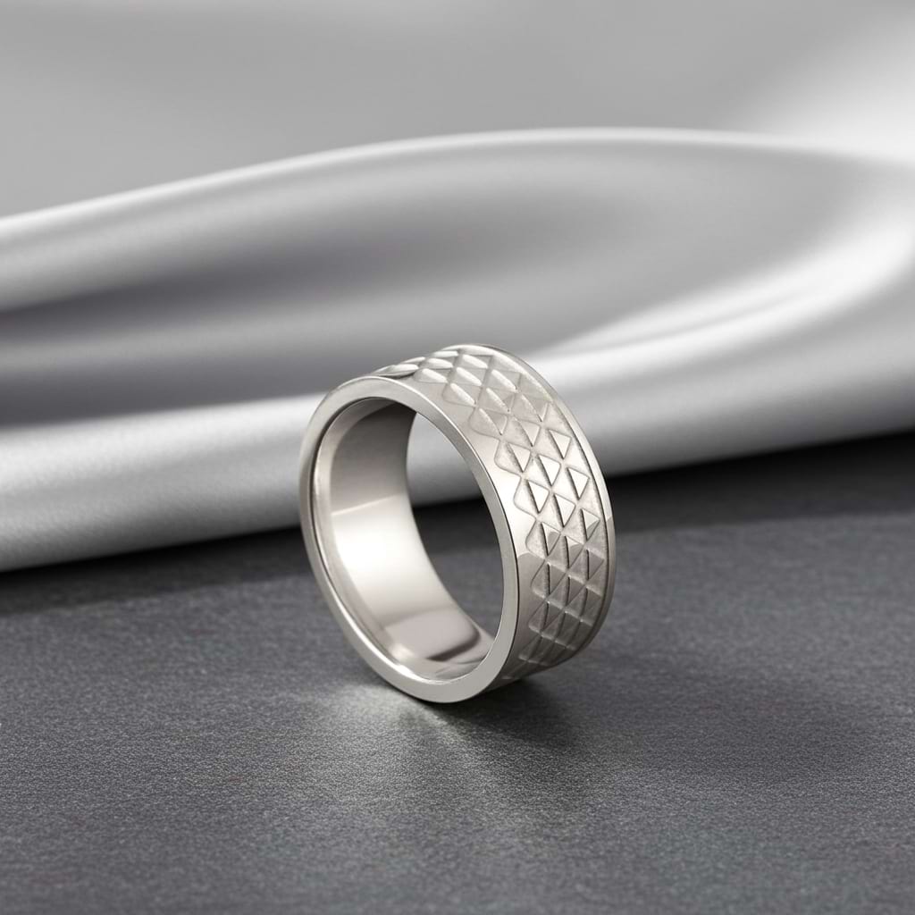 Silver unisex ring with triangle pattern with a silver fabric bakdrop