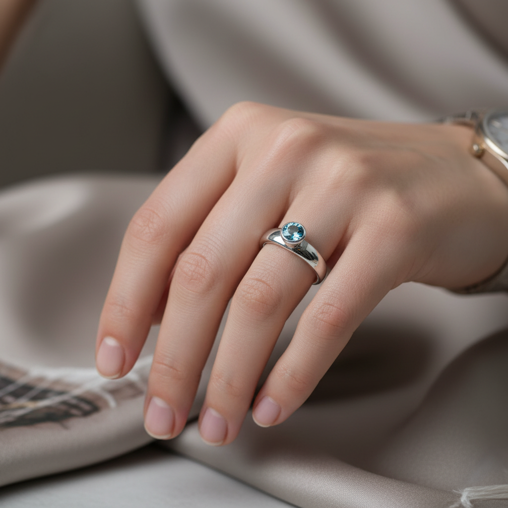 Hand wearing a silver ring with a blue gemstone on a soft fabric background