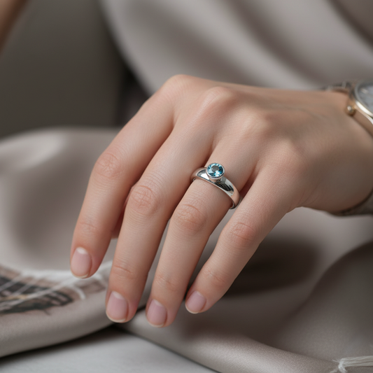 Hand wearing a silver ring with a blue gemstone on a soft fabric background
