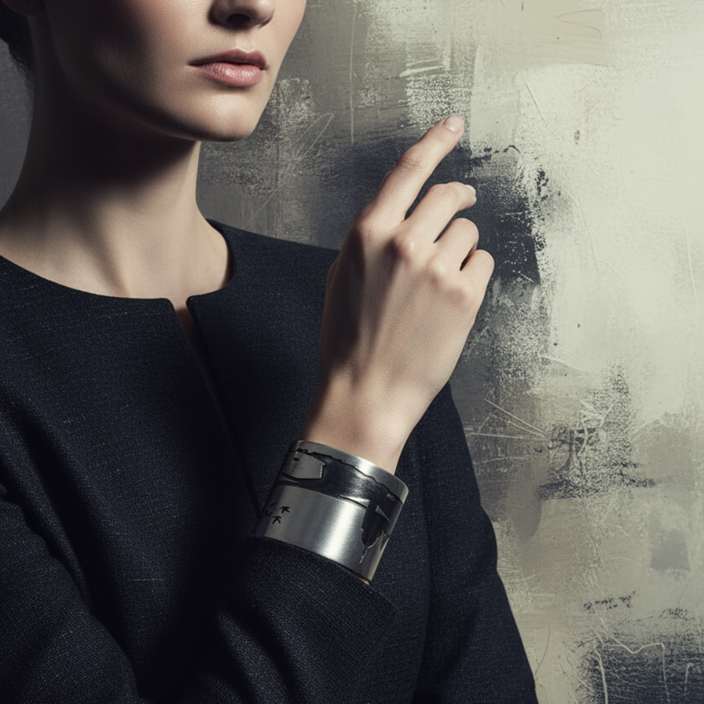 Person wearing a dark outfit with a textured wall background