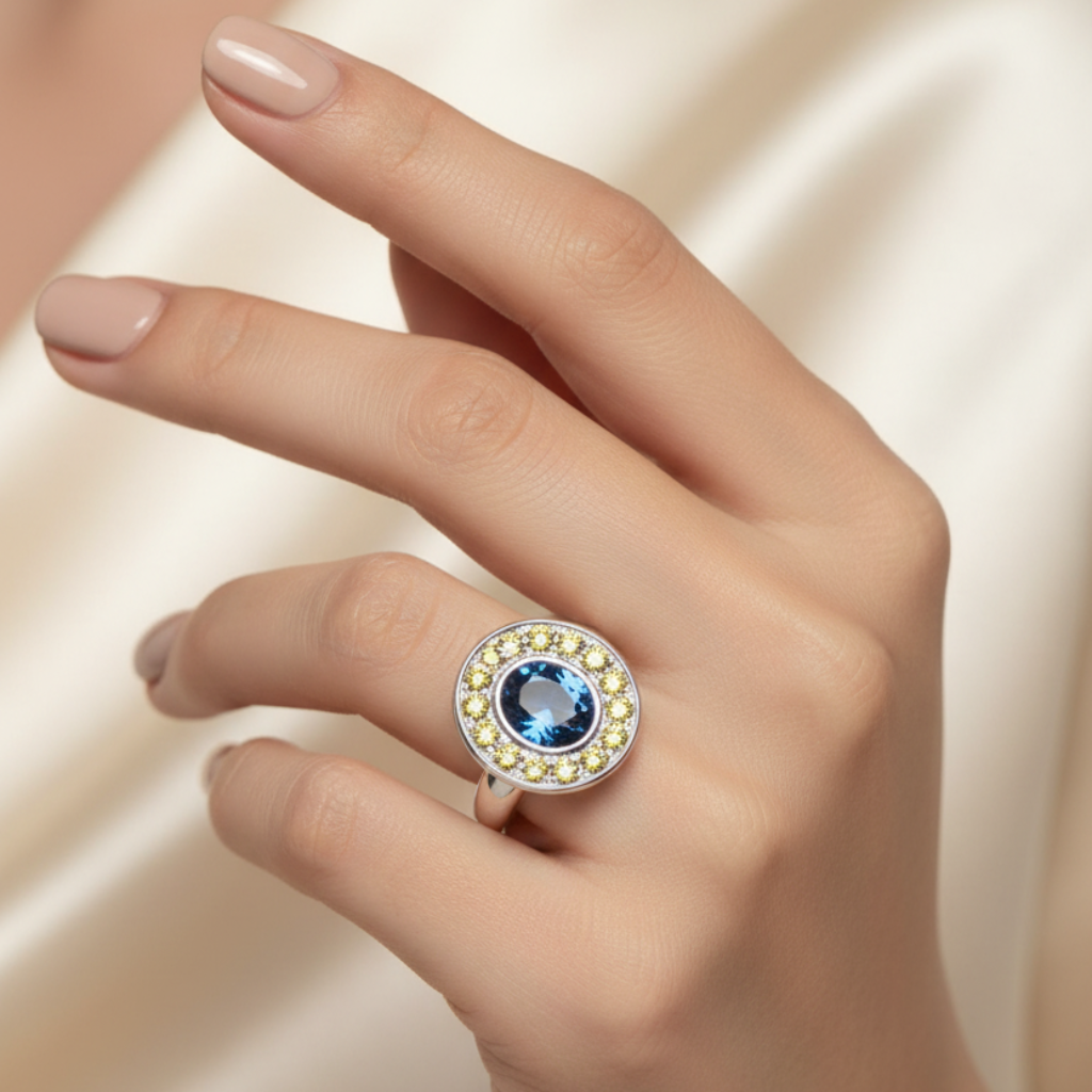 Bague Halo Saphirs &amp; Topaze