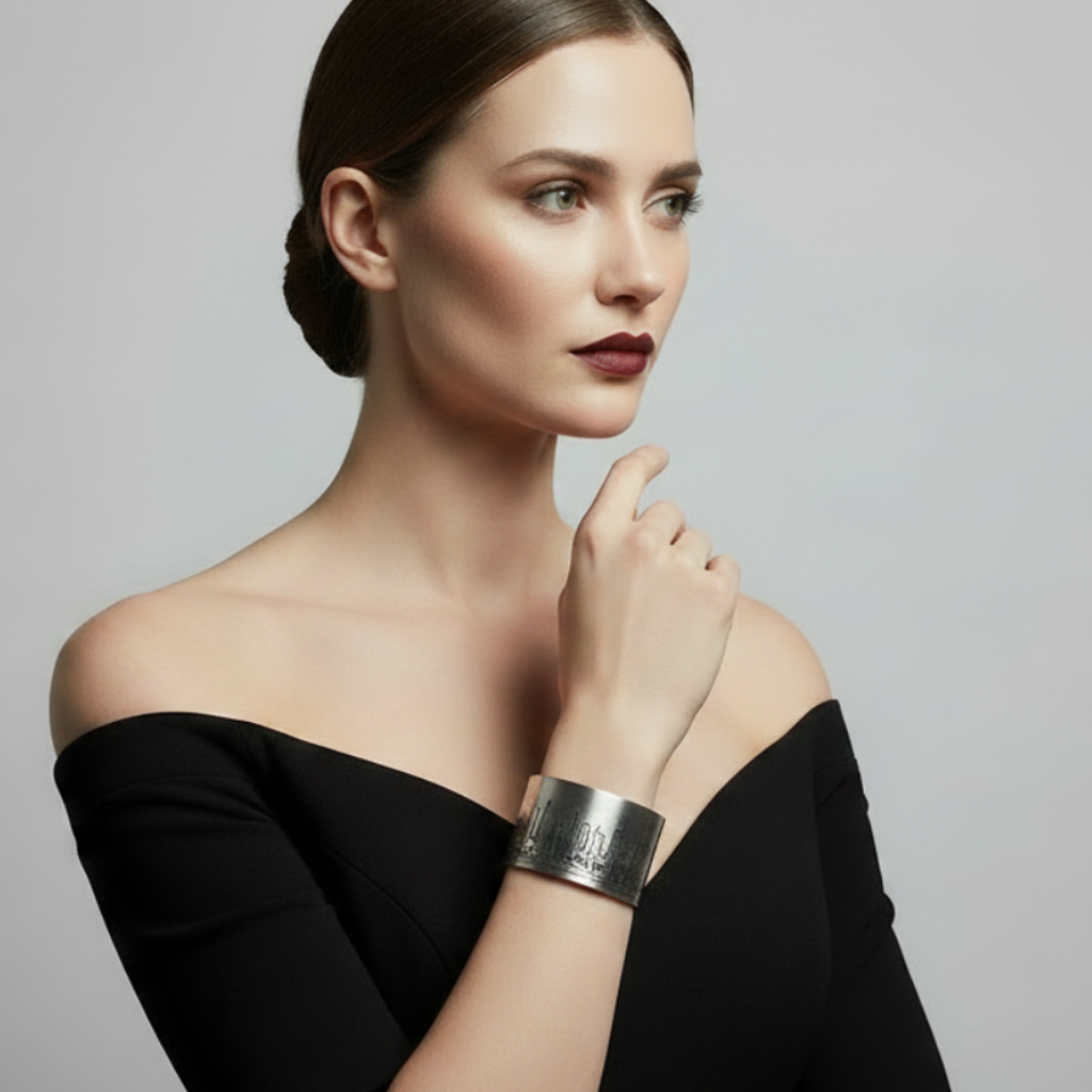 Woman wearing a black off-shoulder top and silver bracelet on a gray background