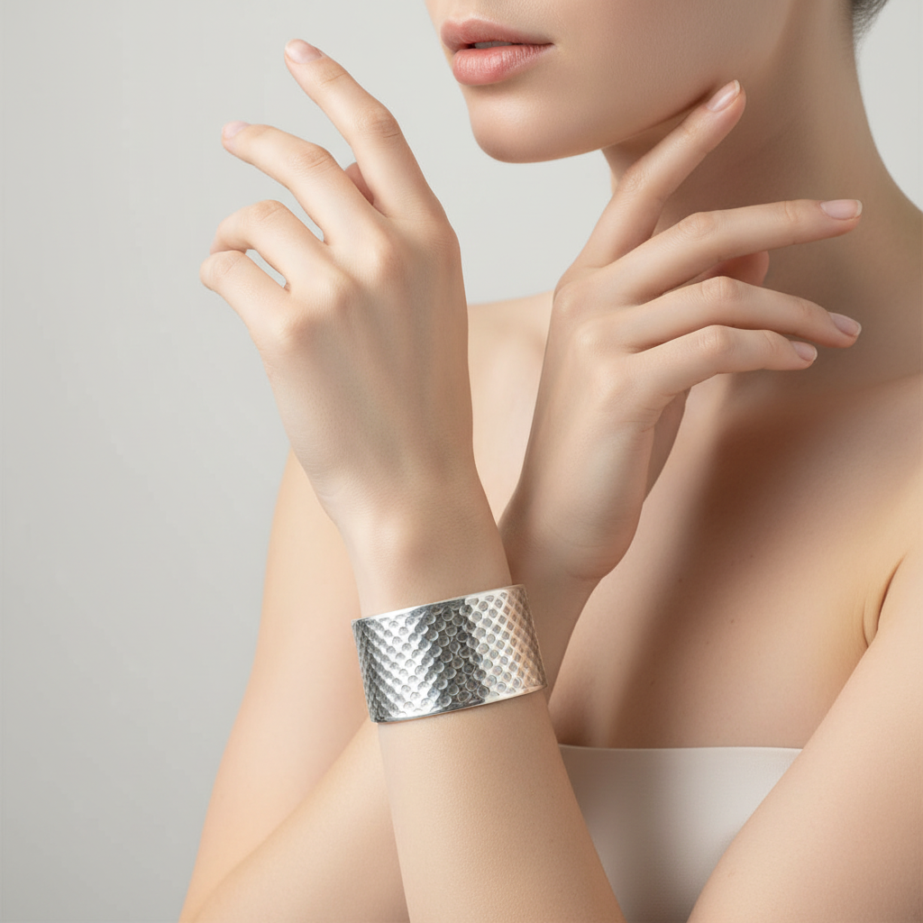Model crossing her arms weaing a silver cuff on a neutral background