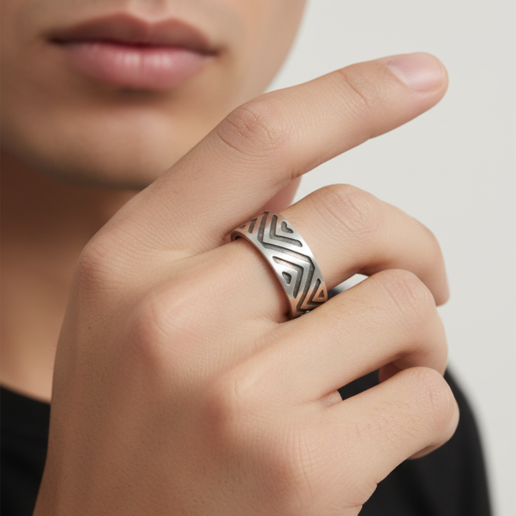 Close-up of a hand wearing a silver ring with a geometric design, pointing to the face.