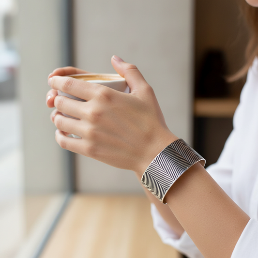 Hand holding a cup of coffee with a decorative bracelet on a blurred indoor background