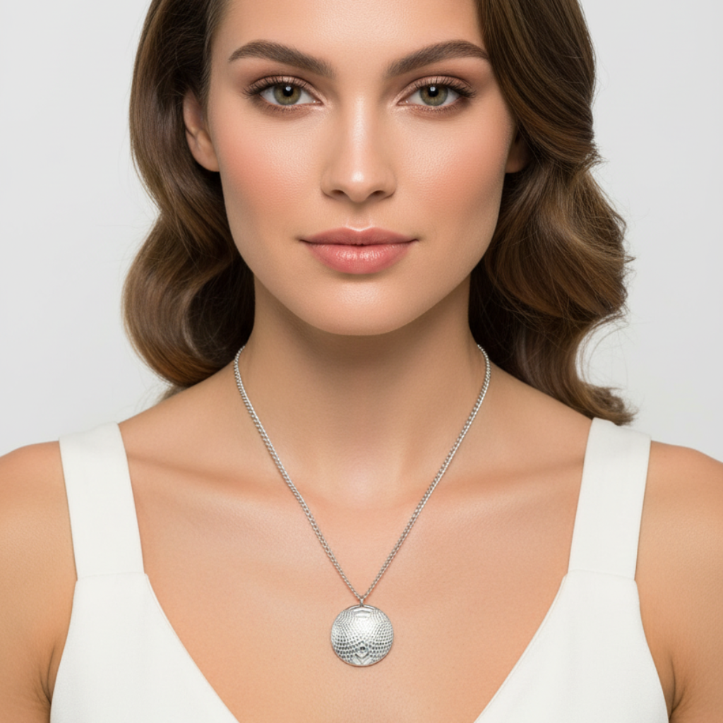 Woman wearing a silver necklace with a white background