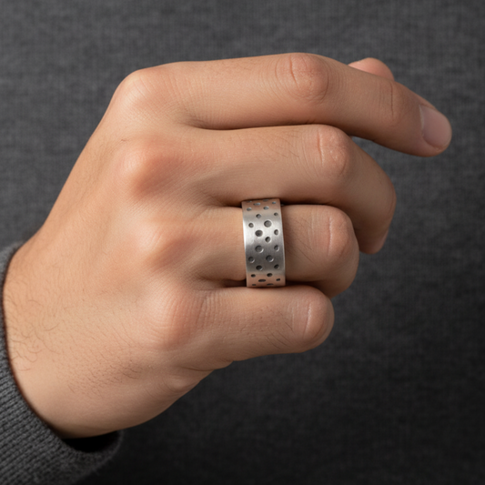 Hand wearing a silver ring with a dotted pattern on a dark background