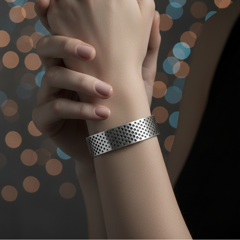 Silver bracelet on a wrist with a blurred bokeh background