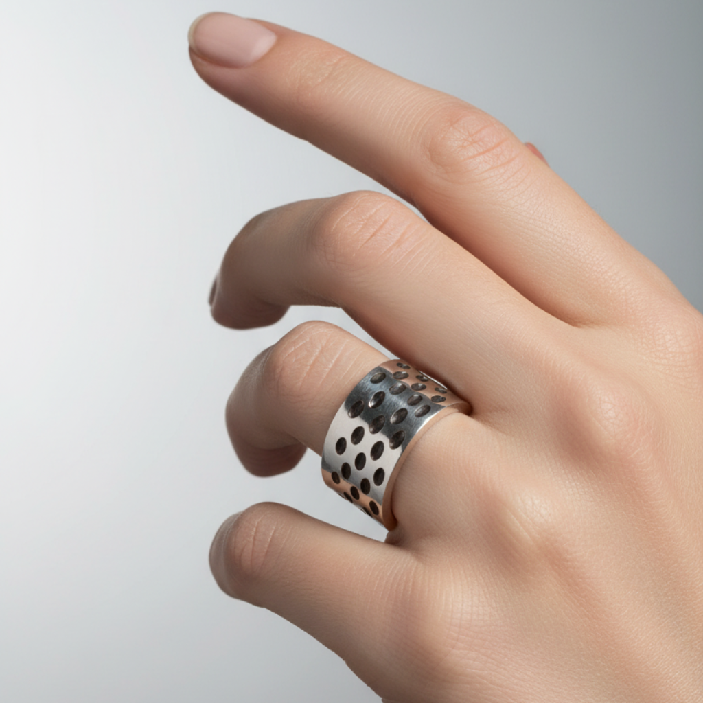 Hand wearing a silver ring with a textured band on a light gray background