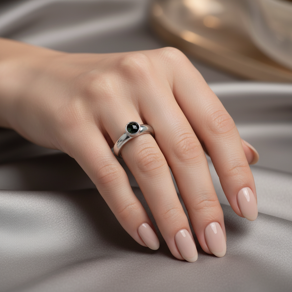 Hand wearing a silver ring with a green garnet gemstone on a soft fabric background