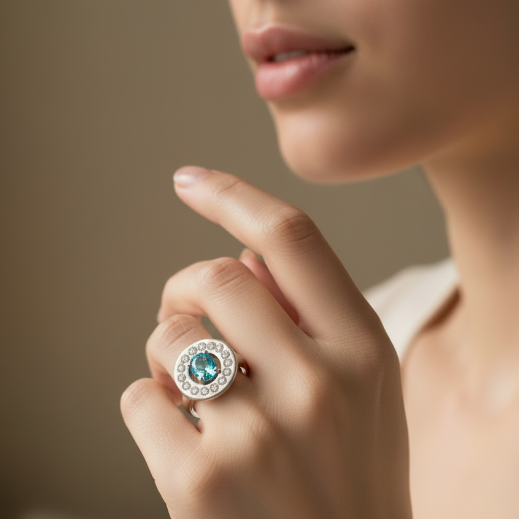 A sterling silver halo-style ring featuring a central topaz gemstone with surrounding aquamarine accents.