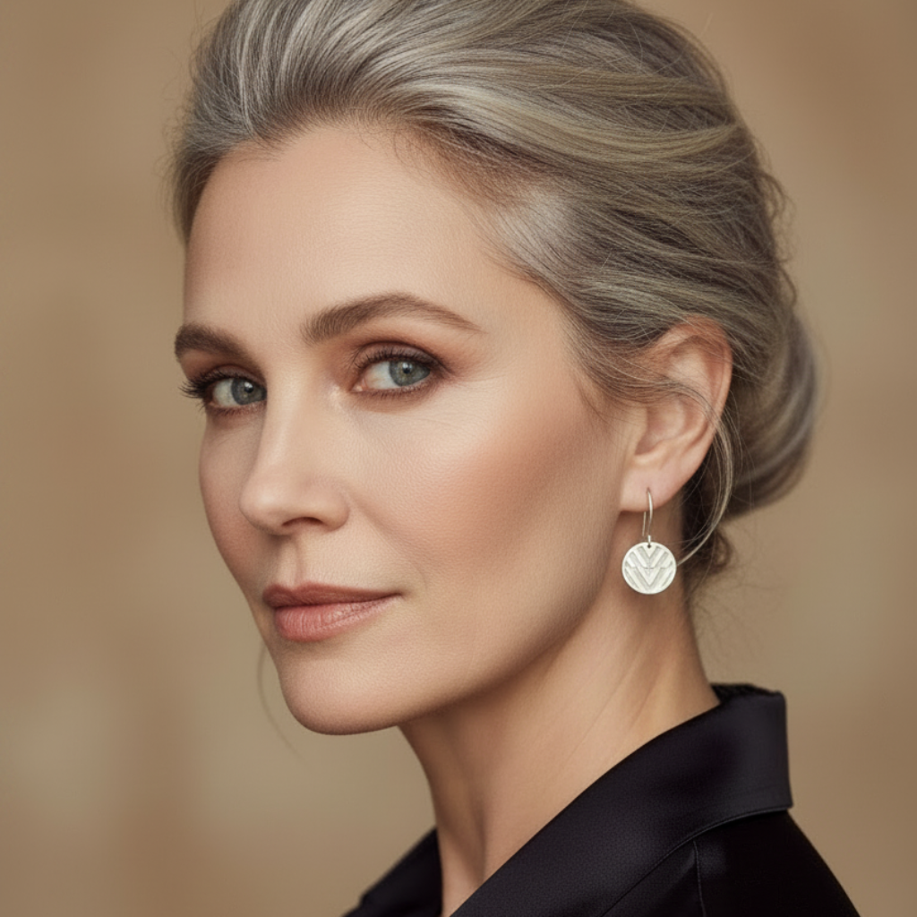 Woman with styled hair wearing earrings against a neutral background