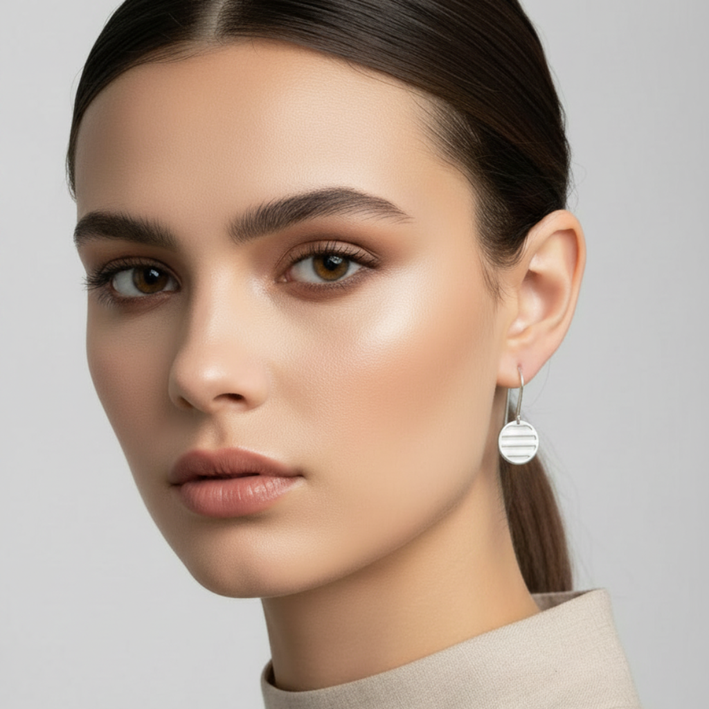 Woman wearing earrings with a neutral background