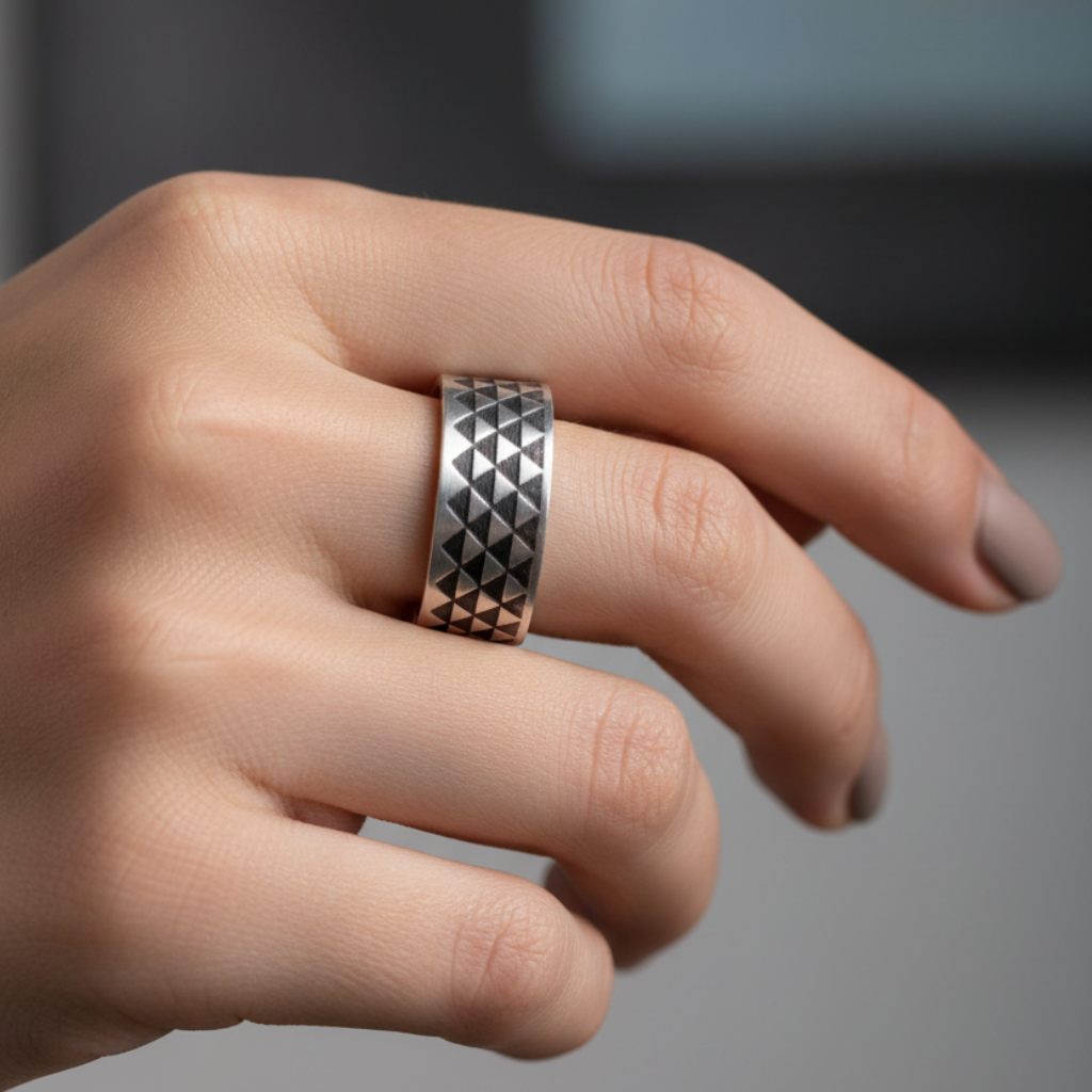 Hand wearing a diamond-patterned ring on a blurred background