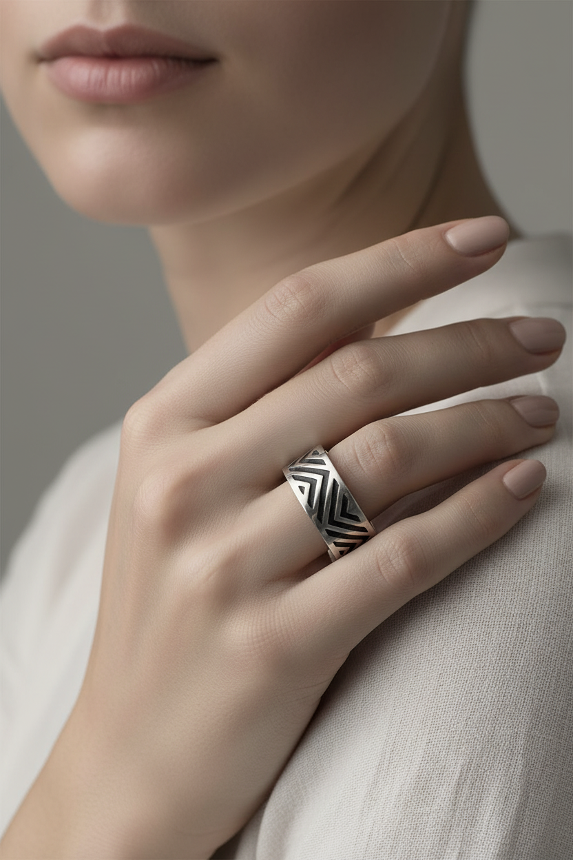 Close-up of a hand wearing a silver ring with a geometric design on a neutral background