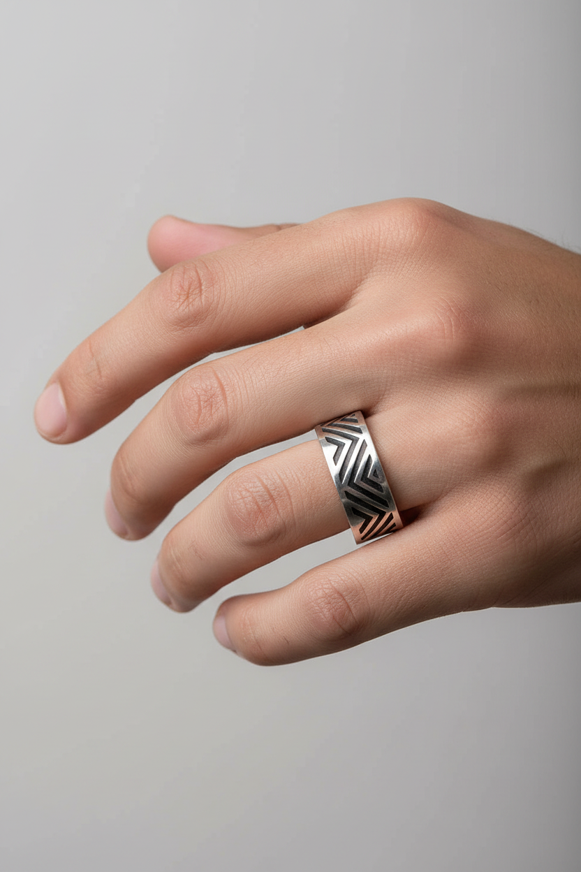 Hand wearing a silver ring with a geometric design on a gray background