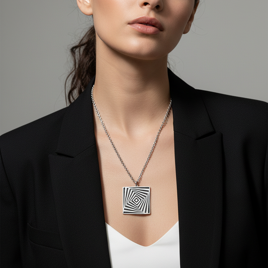 Woman wearing a black blazer and white top with a necklace featuring a geometric pendant on a gray background