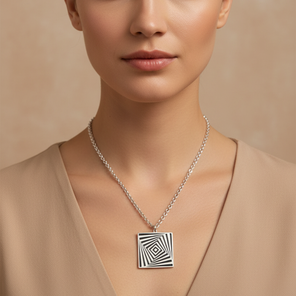 Woman wearing a necklace with a geometric pendant against a beige background