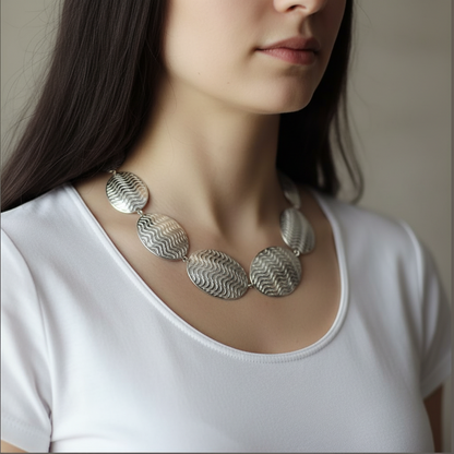 Woman wearing a silver necklace with a plain background