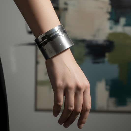 Hand wearing a metallic bracelet with a blurred background