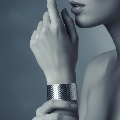 Close-up of a hand wearing a silver bracelet against a gray background