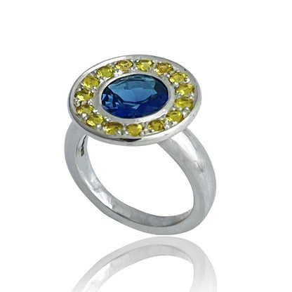 Halo Ring with blue and yellow semiprecious gemstones
