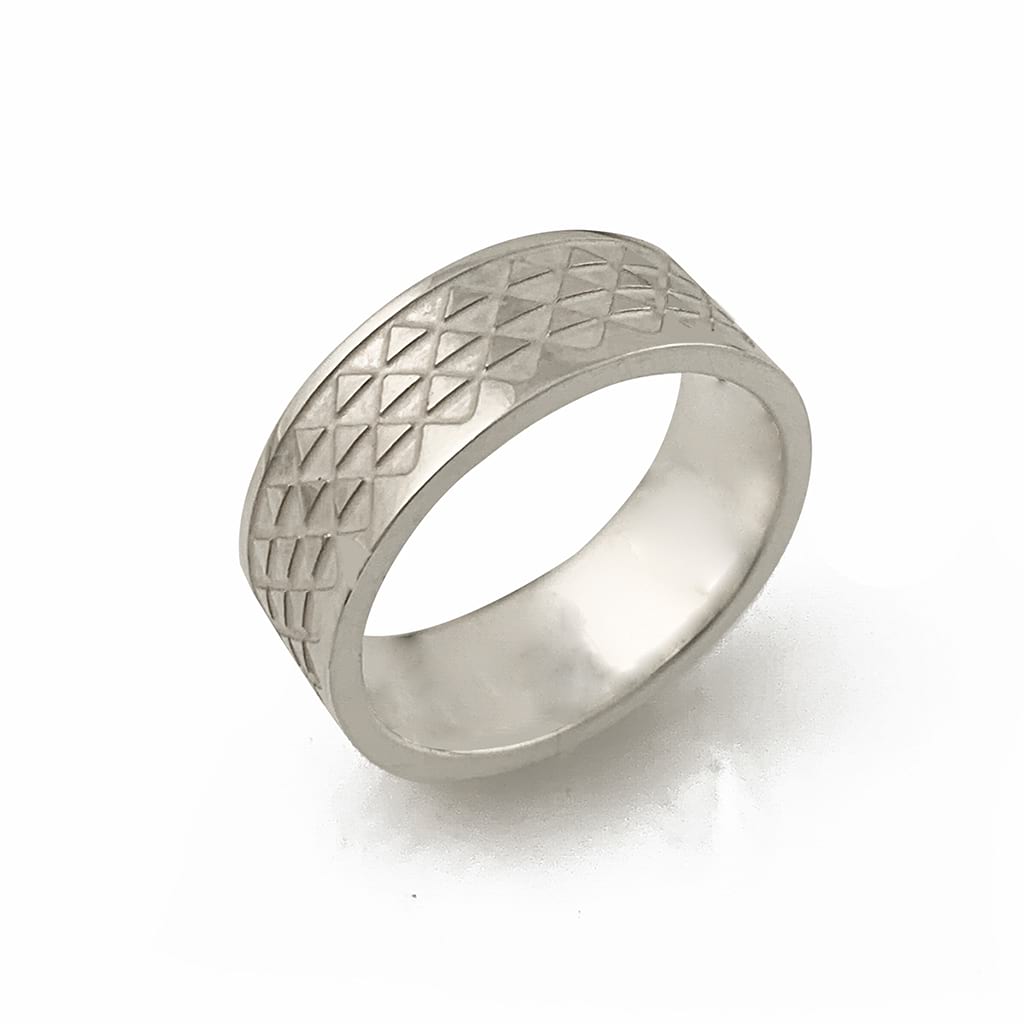 Silver ring band with triangle design